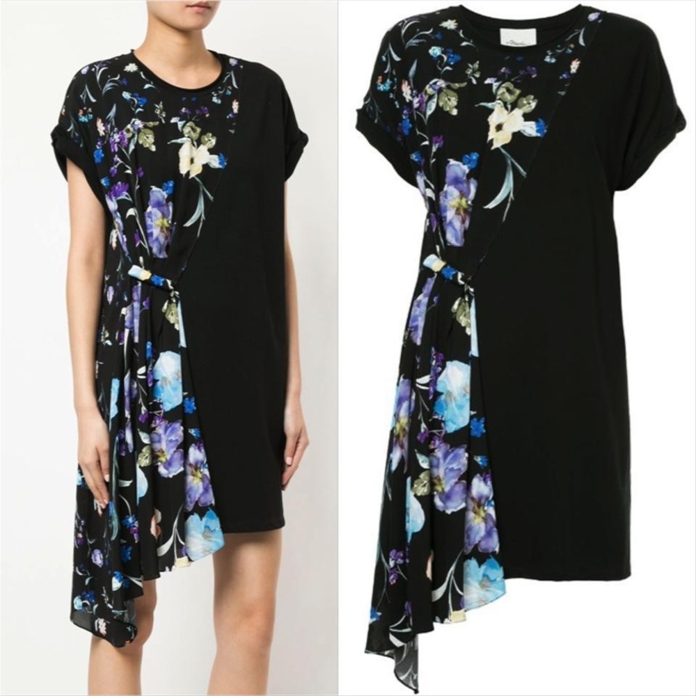 3.1 Phillip Lim Black Silk Floral T-shirt Dress